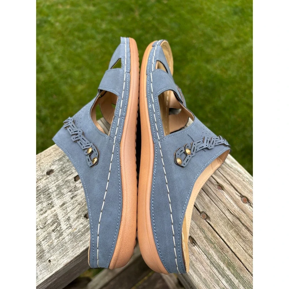 Womens Blue Faux Suede Slide Sandals Comfort Cushioned Mules Size 43, 11.5-12 US